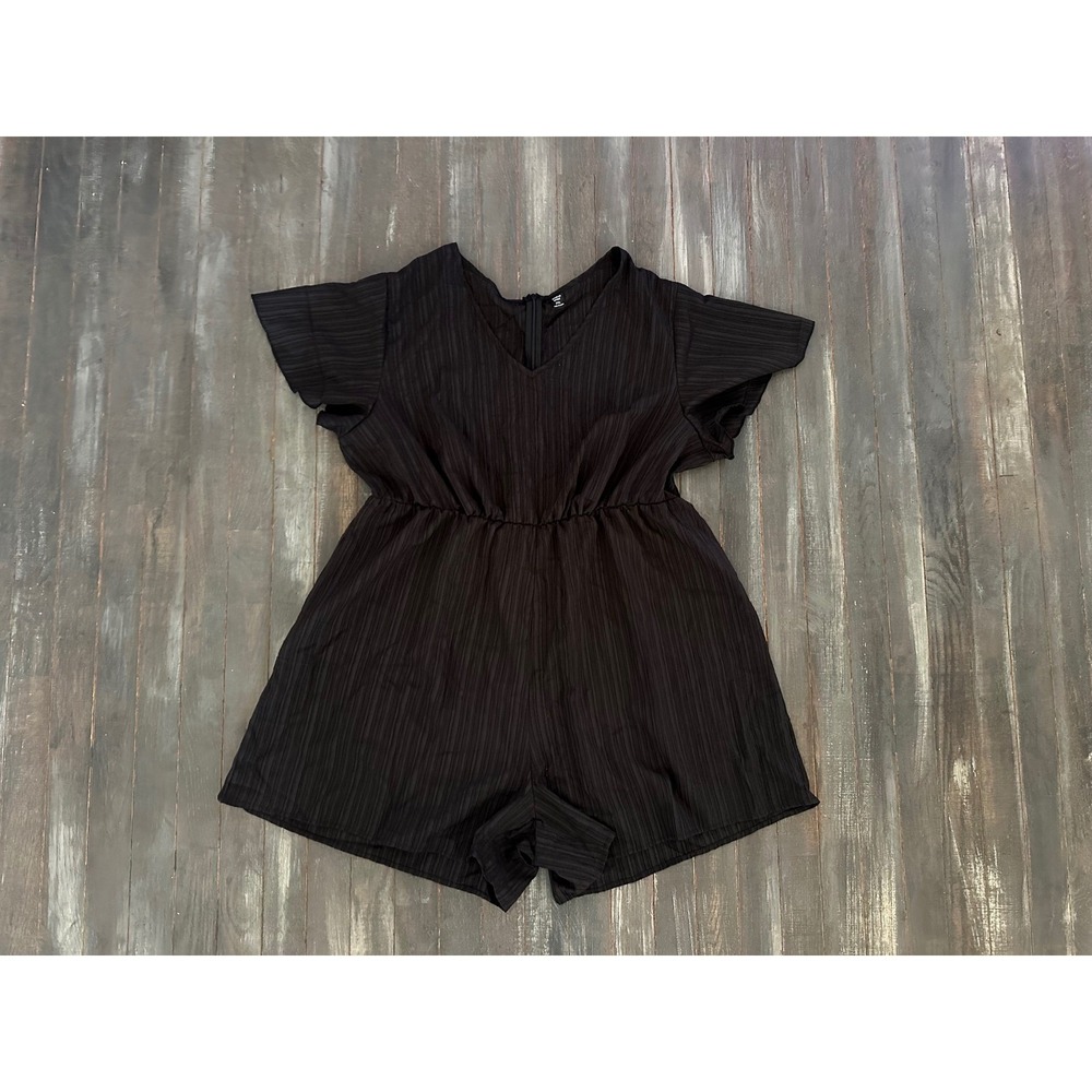 SHEIN Women Black Plisse V-Neck Flutter Sleeve Tie Waist Romper